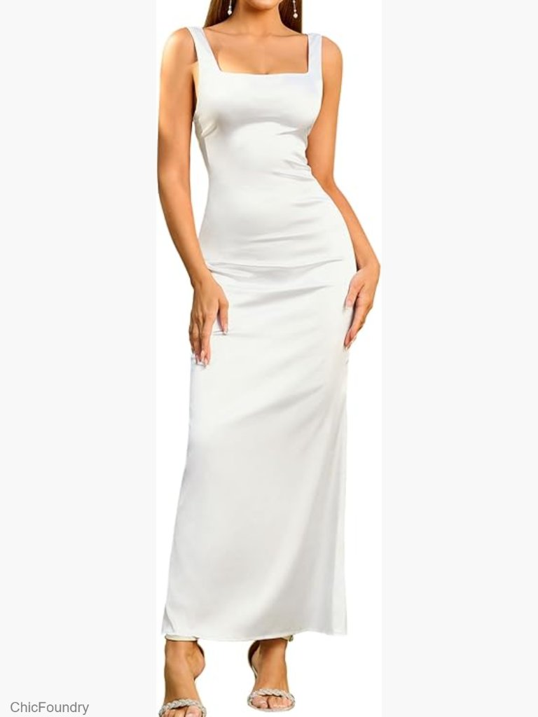 Square Neck Sleeveless Bodycon Satin Midi Dress With Open Back